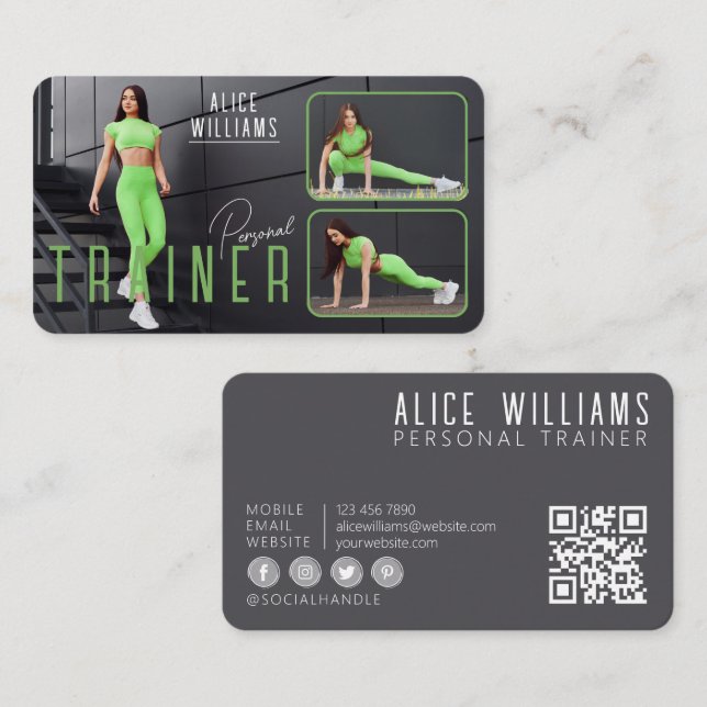 QR Code Fitness Green Grey Personal Trainer Photo Business Card (Front/Back)