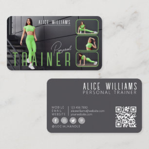 QR Code Fitness Green Grey Personal Trainer Photo Business Card