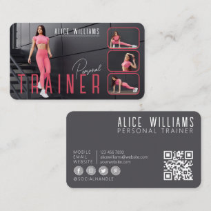 QR Code Fitness Pink & Grey Personal Trainer Photo Business Card