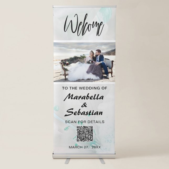 *~* QR Code Floral Azalea Wedding Welcome Minimal  Retractable Banner (Front)