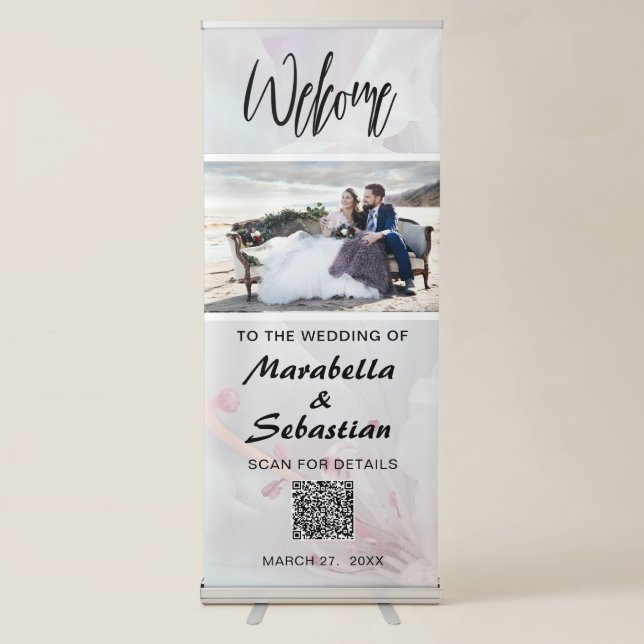 *~* QR code Floral Azalea Wedding Welcome Modern R Retractable Banner (Front)