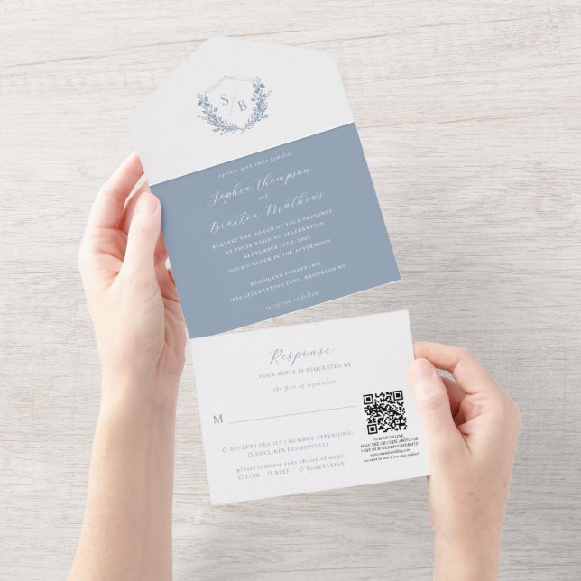 QR Code Floral Dusty Blue Crest Monogram Wedding All In One Invitation (Tearaway)