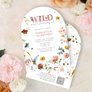 QR Code Floral Pink Wild & Onederful 1st Birthday  Invitation