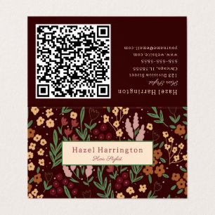 QR Code Folded Business Card Floral Burgandy