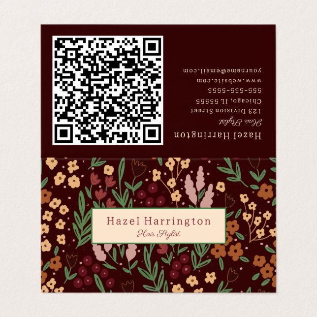 QR Code Folded Business Card Floral Burgandy (Outside Unfolded)