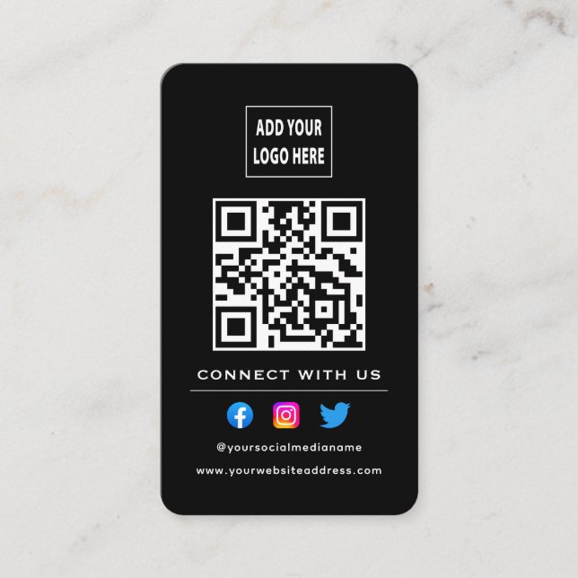 QR Code Follow Scan To Connect With Us Black White Business Card (Front)