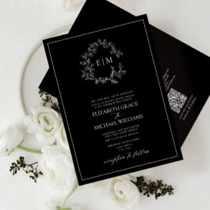 QR Code Formal Black White Leafy Crest Monogram Invitation