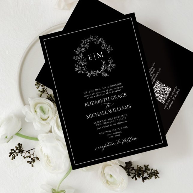 QR Code Formal Black White Leafy Crest Monogram Invitation (Creator Uploaded)