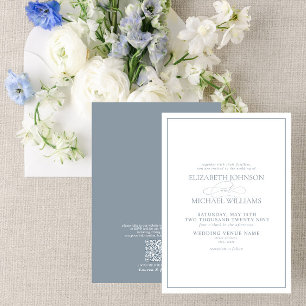 QR Code Formal Dusty Blue Classic Script Wedding Invitation