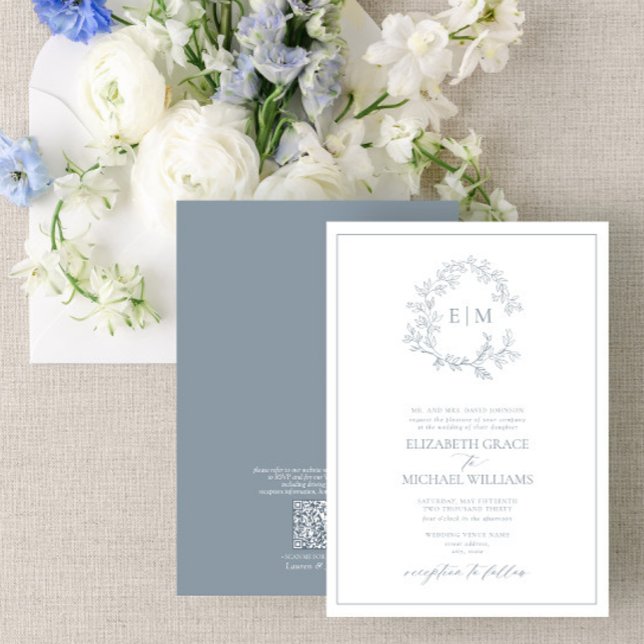 QR Code Formal Dusty Blue Leafy Crest Monogram Invitation (Creator Uploaded)