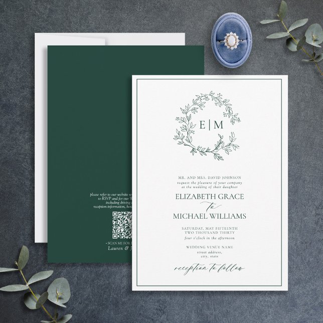 QR Code Formal Emerald Green Leafy Crest Monogram Invitation (Creator Uploaded)