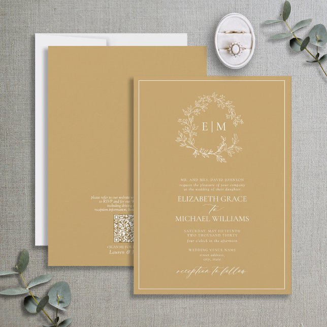 QR Code Formal Gold Leafy Crest Monogram Invitation (Creator Uploaded)