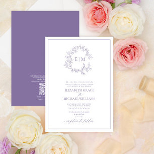 QR Code Formal Lavender Leafy Crest Monogram Invitation