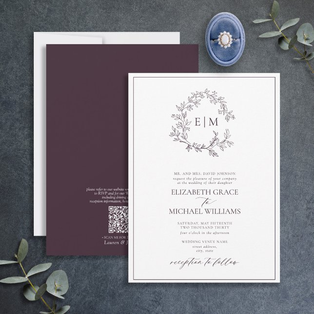 QR Code Formal Plum Purple Leafy Crest Monogram Invitation (Creator Uploaded)