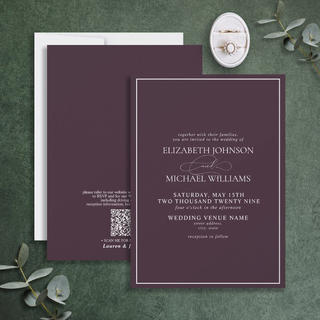 QR Code Formal Purple Classic Script Wedding Invitation (Creator Uploaded)