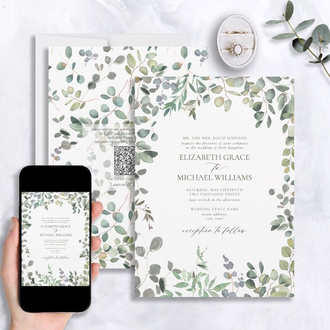 QR Code Formal Sage Green Eucalyptus Watercolor Invitation (Creator Uploaded)