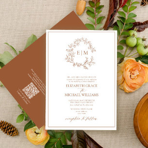 QR Code Formal Terracotta Leafy Crest Monogram Invitation