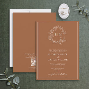 QR Code Formal Terracotta Leafy Crest Monogram Invitation