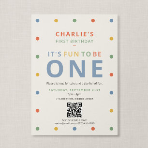QR Code Fun To Be One Soft Colourful First Birthda Invitation