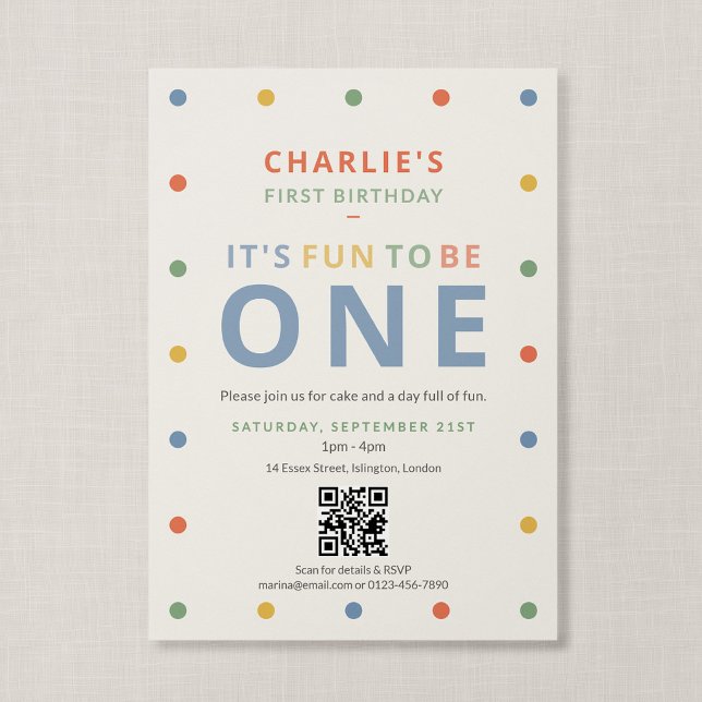 QR Code Fun To Be One Soft Colourful First Birthda Invitation (Color Pop - QR Code Fun to Be One Invitation)
