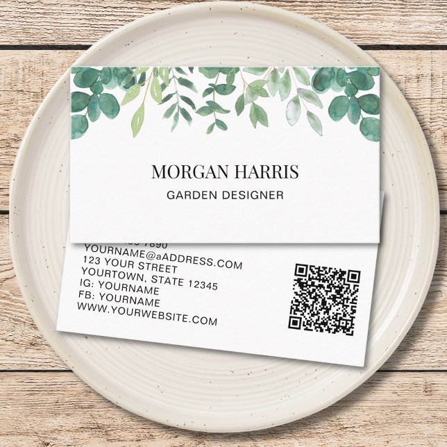 QR Code Garden Designer Watercolor Greenery Business Card (Creator Uploaded)