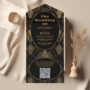 QR Code Geometric Art Deco Wedding All In One Invitation