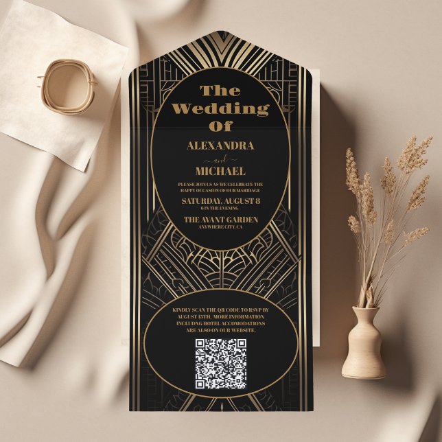 QR Code Geometric Art Deco Wedding All In One Invitation (Creator Uploaded)