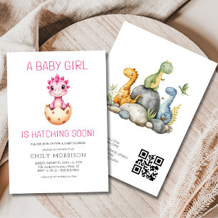 QR Code Girl Dinosaur Hatching Soon Baby Shower Invitation