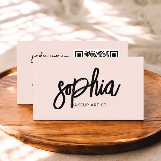 QR Code Girly Brush Calligraphy Blush Pink Business Card (Creator Uploaded)