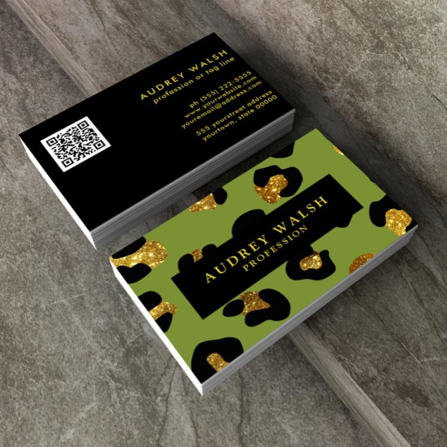 QR CODE Glam Glitter Gold Green Leopard print Luxe Business Card (Creator Uploaded)