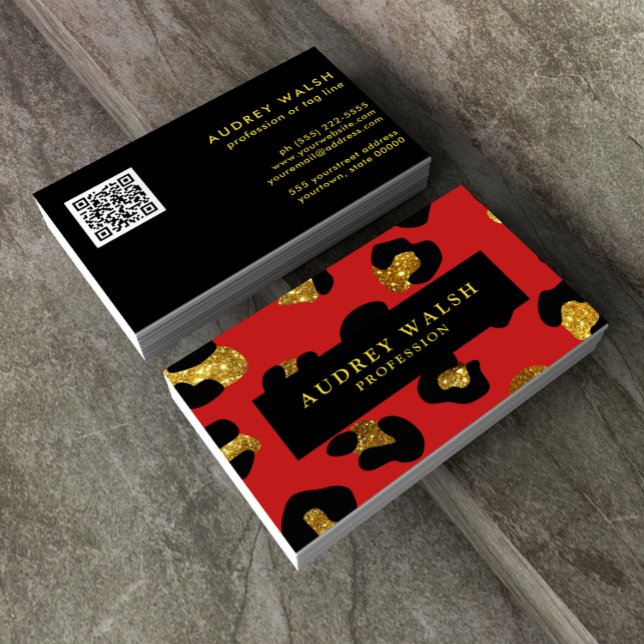 QR CODE Glam Glitter Gold Red Leopard print Luxury Business Card (Creator Uploaded)