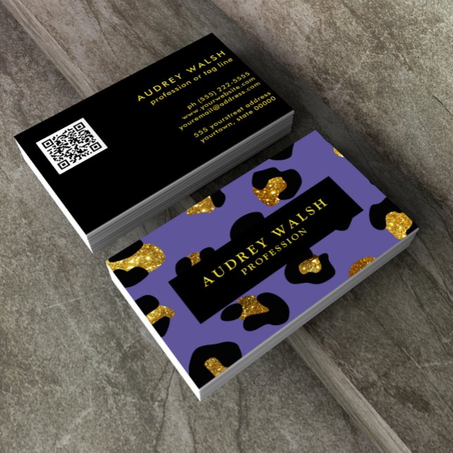 QR CODE Glam Glitter Purple Leopard print Luxury  Business Card (Creator Uploaded)