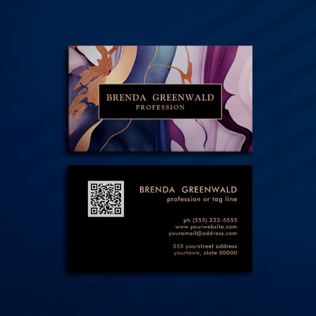 QR CODE Glam Liquid Marble Blue Purple Gold Business Card (Creator Uploaded)