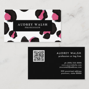 QR CODE Glam Pink Black White Leopard print Business Card