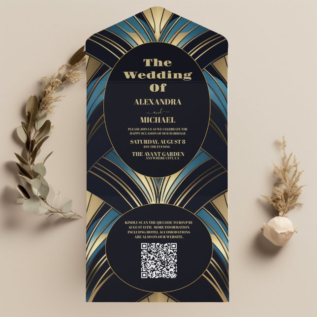 QR Code Glamourous Blue and Gold Art Deco Wedding  All In One Invitation (Creator Uploaded)