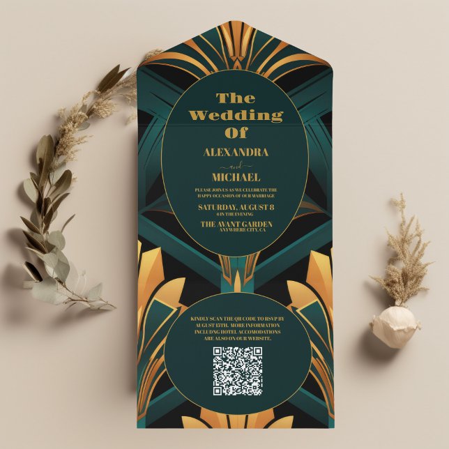 QR Code Glamourous Green and Gold Art Deco Wedding All In One Invitation (Creator Uploaded)