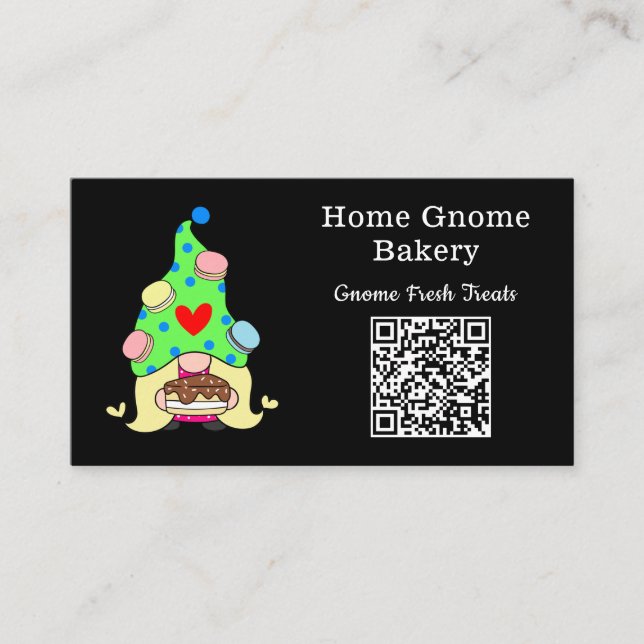 QR Code Gnome Hometown Bakery Black Business Card (Front)