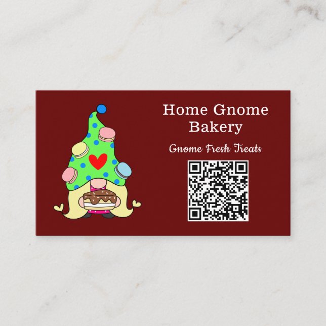 QR Code Gnome Hometown Bakery Dark Red Business Card (Front)