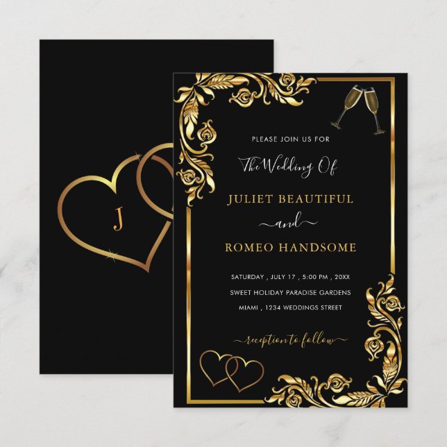 QR Code Gold Black Hearts Wedding Invitation (Front/Back)