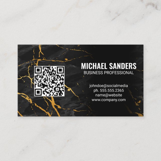 QR Code | Gold Black Marble Business Card (Front)