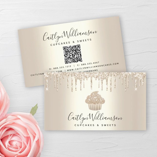 QR Code Gold Cupcake Bakery Pastry Glitter Drips  Business Card (Creator Uploaded)