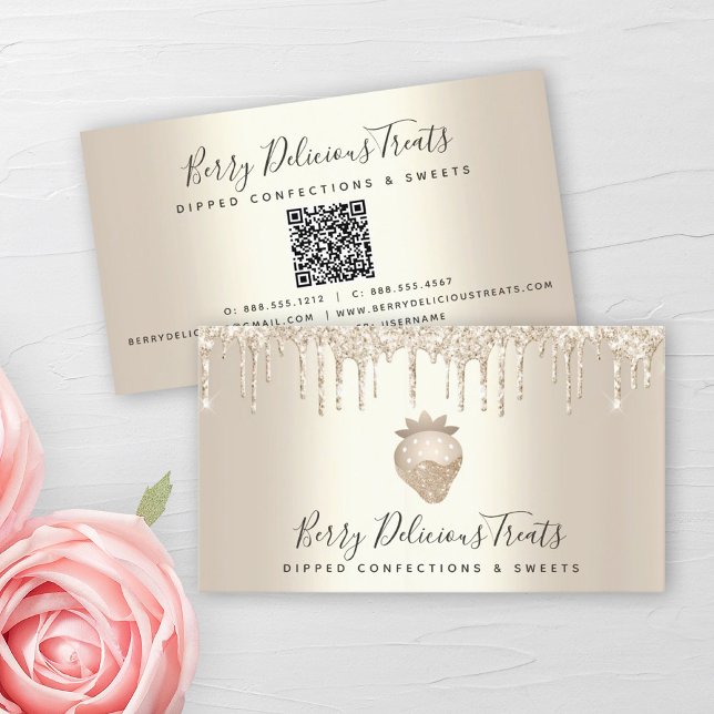 QR Code Gold Drips Strawberry Confection Dessert Business Card (Creator Uploaded)
