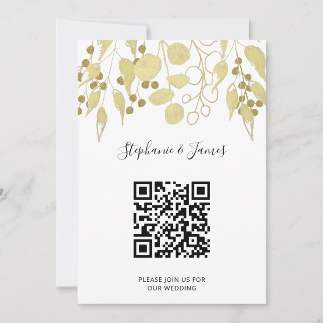 QR Code Gold Foliage Wedding Invitation (Front)