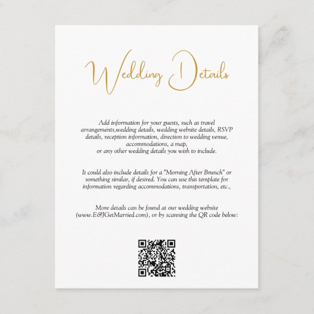 QR Code Gold Handwritten Script Wedding Details   Enclosure Card (Front)