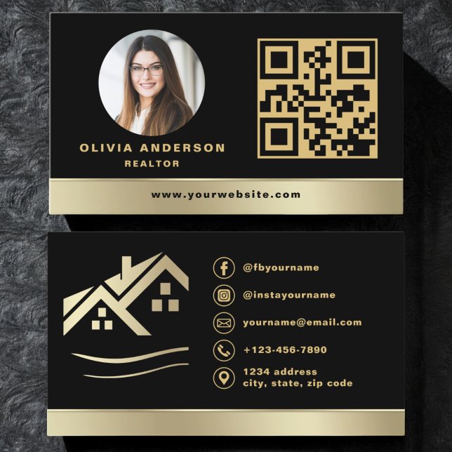 QR Code Gold House Black Real Estate Realtor Business Card (Creator Uploaded)