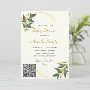 QR Code Gold Leaves Baby Shower Invitation