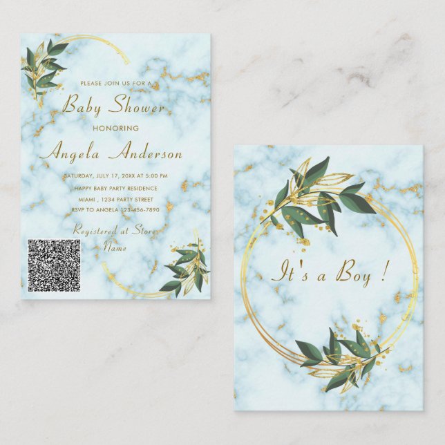 QR Code Gold Marble Baby Boy Shower Invitations (Front/Back)