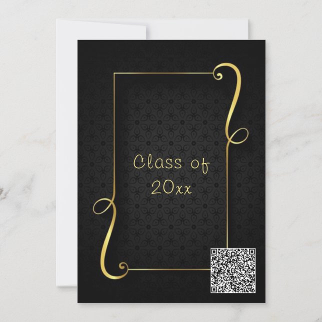 QR Code Gold Ornaments Black Grad Party Invitation (Back)