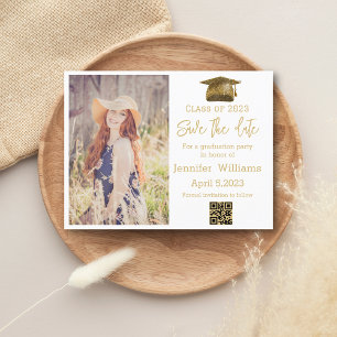 qr code gold  photo save the date graduation  announcement postcard