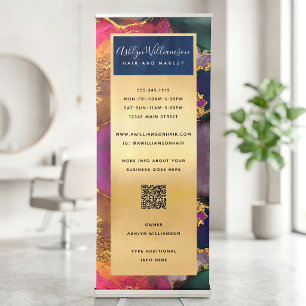 QR Code Gold Purple Pink Green Agate Watercolor Retractable Banner
